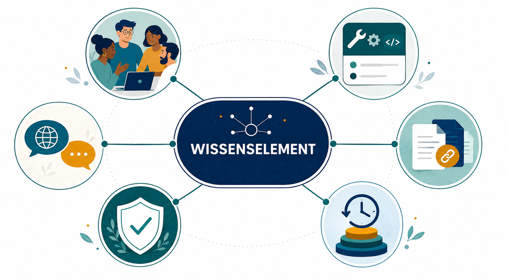 Ein Wissenselement verbindet Menschen, Skills und Werkzeuge, Dokumentation, Mehrsprachigkeit, Prüfung sowie Zeit und Versionen.
